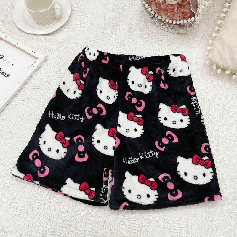 Casual Sports Shorts Flannel Cartoon Hello Kitty Women's Summer New Elastic Waist Pajama Pants Wide Leg Shorts Fashion